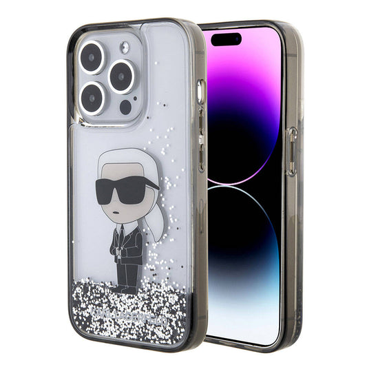Apple iPhone 15 Pro Kılıf Karl Lagerfeld İkonik Sıvılı Glitter Orjinal Lisanslı Kapak Renksiz
