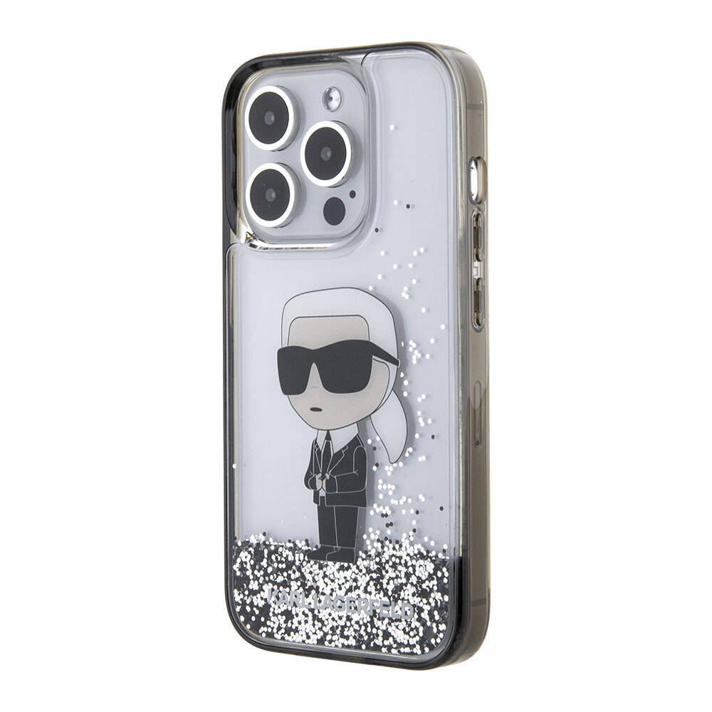 Apple iPhone 15 Pro Kılıf Karl Lagerfeld İkonik Sıvılı Glitter Orjinal Lisanslı Kapak Renksiz