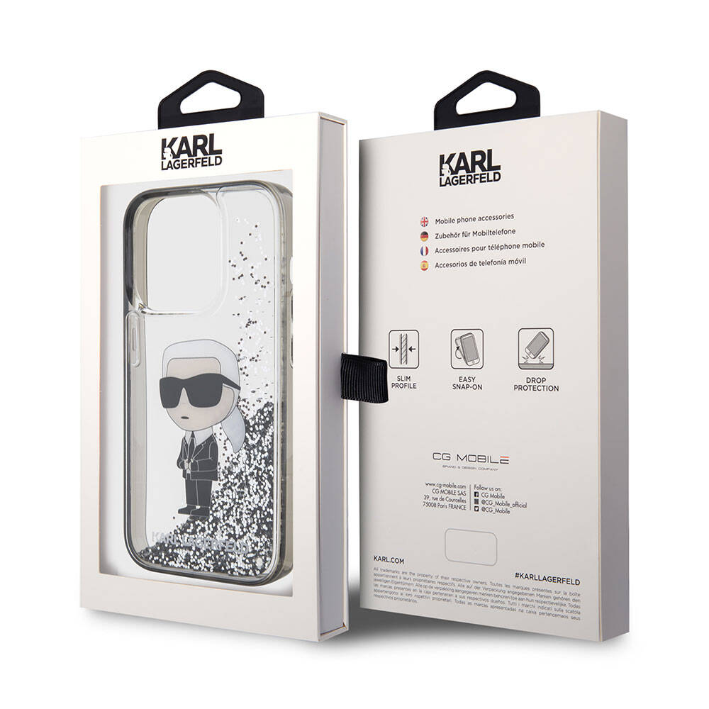 Apple iPhone 15 Pro Kılıf Karl Lagerfeld İkonik Sıvılı Glitter Orjinal Lisanslı Kapak Renksiz