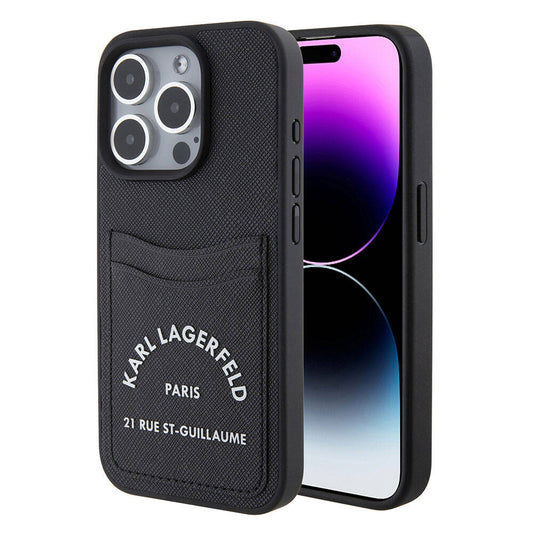 Apple iPhone 15 Pro Kılıf Karl Lagerfeld Kartlıklı Saffiano 3D RSG Logo Orjinal Lisanslı Kapak Siyah