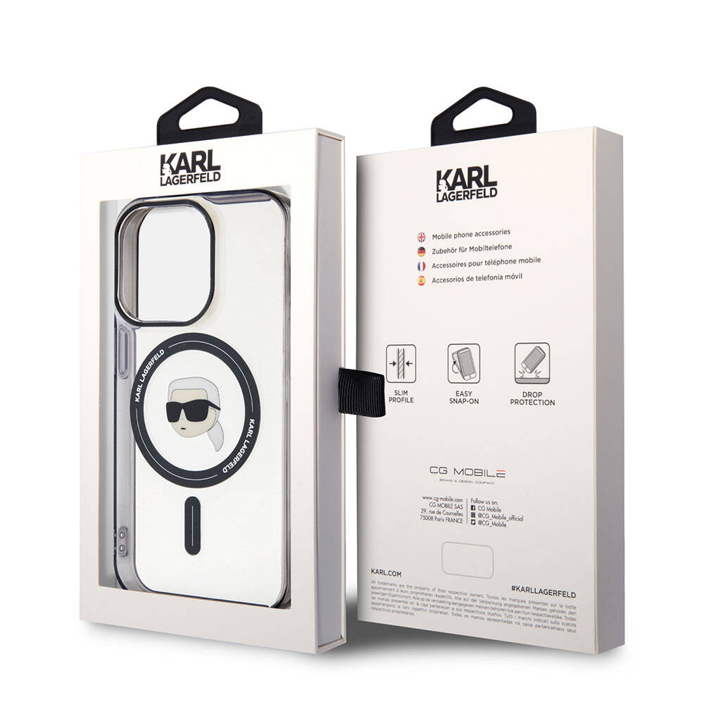 Apple iPhone 15 Pro Kılıf Karl Lagerfeld M-safe Şarj Özellikli IML Karl Orjinal Lisanslı Kapak Renksiz
