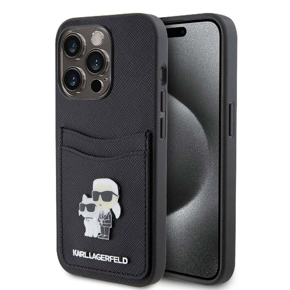 Apple iPhone 15 Pro Kılıf Karl Lagerfeld Orjinal Lisanslı Metal Logo Kartlıklı Saffiano Kapak Siyah
