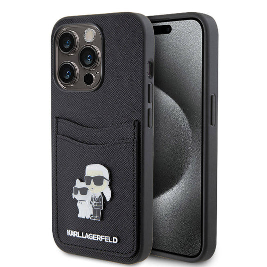 Apple iPhone 15 Pro Kılıf Karl Lagerfeld Orjinal Lisanslı Metal Logo Kartlıklı Saffiano Kapak Siyah