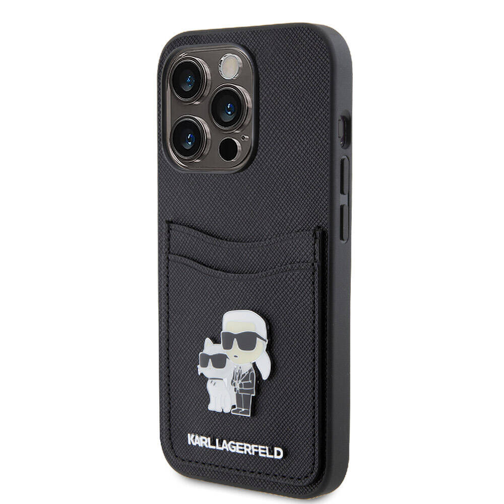 Apple iPhone 15 Pro Kılıf Karl Lagerfeld Orjinal Lisanslı Metal Logo Kartlıklı Saffiano Kapak Siyah