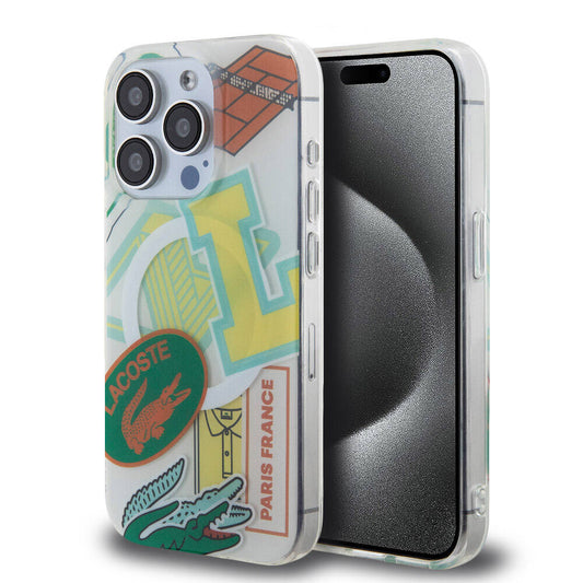 Apple iPhone 15 Pro Kılıf Lacoste Orjinal Lisanslı M-safe Şarj Özellikli Çift Katmanlı Yamalar Desenli Kapak Sarı