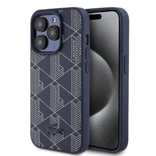 Apple iPhone 15 Pro Kılıf Lacoste Orjinal Lisanslı M-safe Şarj Özellikli PU Deri Görünümlü Karışık Monogram Desenli Kapak Lacivert