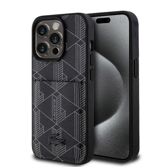 Apple iPhone 15 Pro Kılıf Lacoste Orjinal Lisanslı M-safe Şarj Özellikli PU Deri Görünümlü Kartlıklı Karışık Monogram Desenli Kapak Beyaz