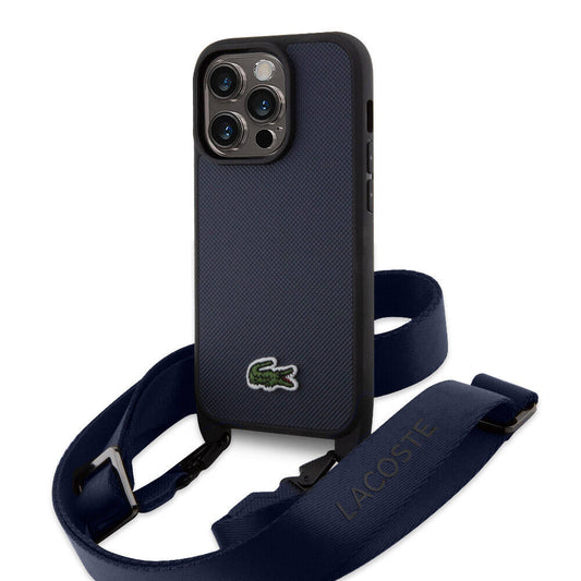 Apple iPhone 15 Pro Kılıf Lacoste Orjinal Lisanslı PU Pike Desenli Arka Yüzey Askılı İkonik Timsah Dokuma Logolu Kapak Lacivert