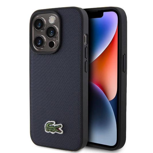 Apple iPhone 15 Pro Kılıf Lacoste Orjinal Lisanslı PU Pike Desenli Arka Yüzey İkonik Timsah Dokuma Logolu Kapak Lacivert