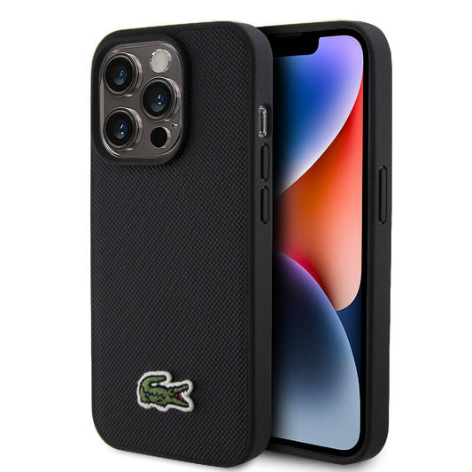 Apple iPhone 15 Pro Kılıf Lacoste Orjinal Lisanslı PU Pike Desenli Arka Yüzey İkonik Timsah Dokuma Logolu Kapak Siyah
