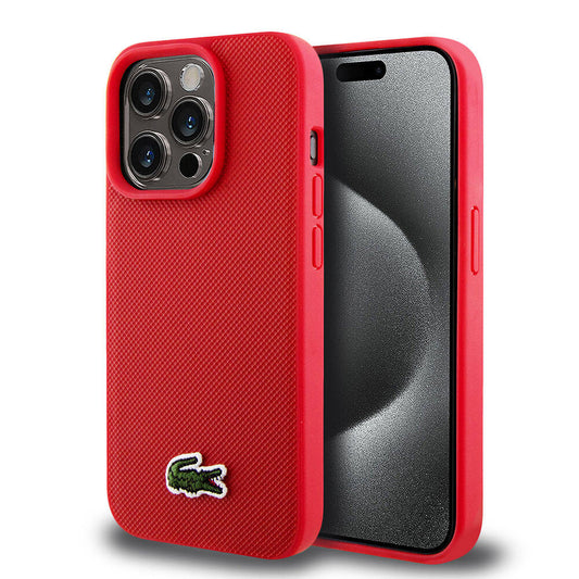 Apple iPhone 15 Pro Kılıf Lacoste Orjinal Lisanslı PU Pike Desenli Arka Yüzey İkonik Timsah Dokuma Logolu Kapak Kırmızı