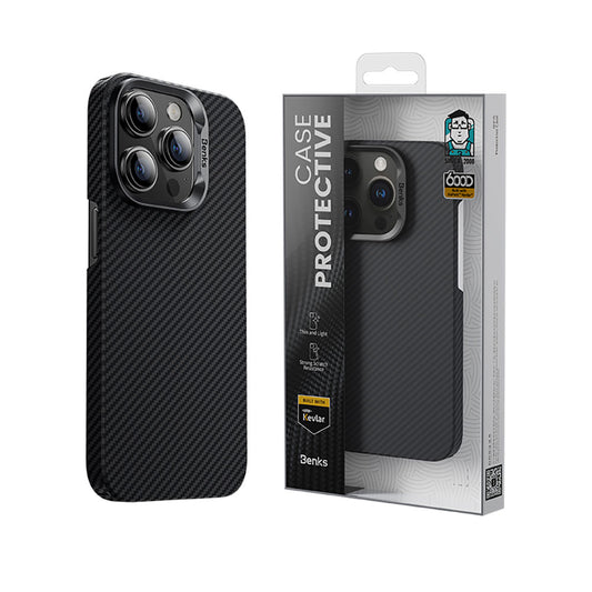 Apple iPhone 15 Pro Kılıf M-safe Özellikli Karbon Fiber Benks Essential ArmorAir 600D Kevlar Kapak Siyah