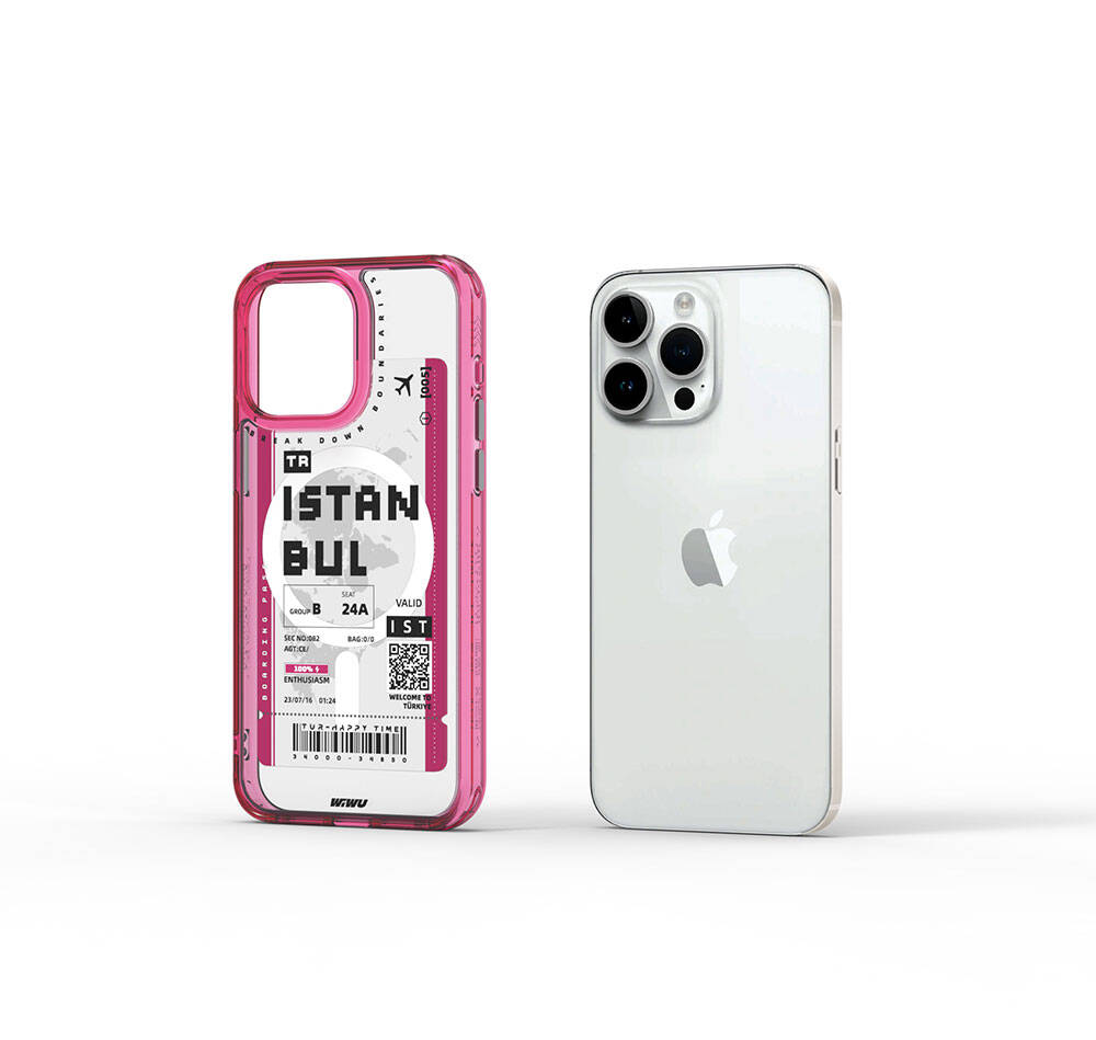 Apple iPhone 15 Pro Kılıf M-safe Şarj Özellikli Bilet Desenli Wiwu Turkey B Serisi Kapak Pembe