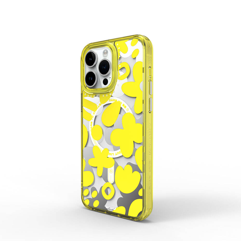 Apple iPhone 15 Pro Kılıf M-safe Şarj Özellikli Boya Desenli Wiwu Fluorescent G Serisi Kapak Sarı