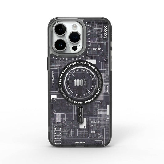 Apple iPhone 15 Pro Kılıf M-safe Şarj Özellikli Desenli Wiwu Mecha Circuit H Serisi Kapak Gri