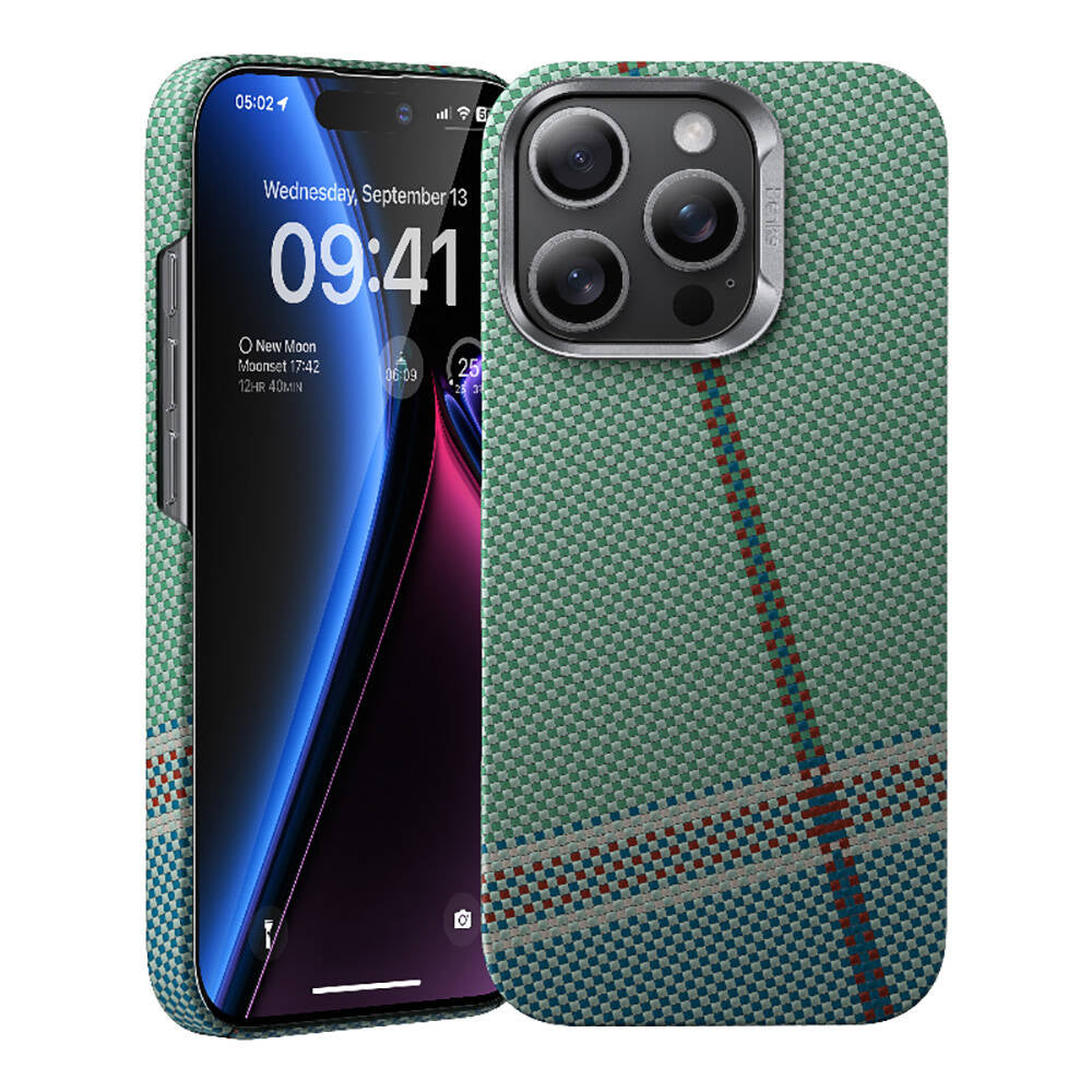 Apple iPhone 15 Pro Kılıf M-safe Şarj Özellikli Karbon Fiber Tasarımlı Benks Passion Green ArmorAir Kevlar Kapak