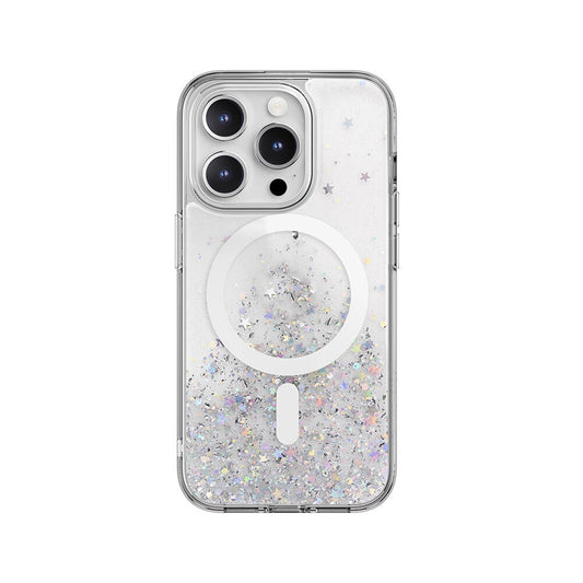 Apple iPhone 15 Pro Kılıf M-safe Şarj Özellikli Parlayan Simli Şeffaf Lisanslı Switcheasy Starfield-M Kapak Renksiz