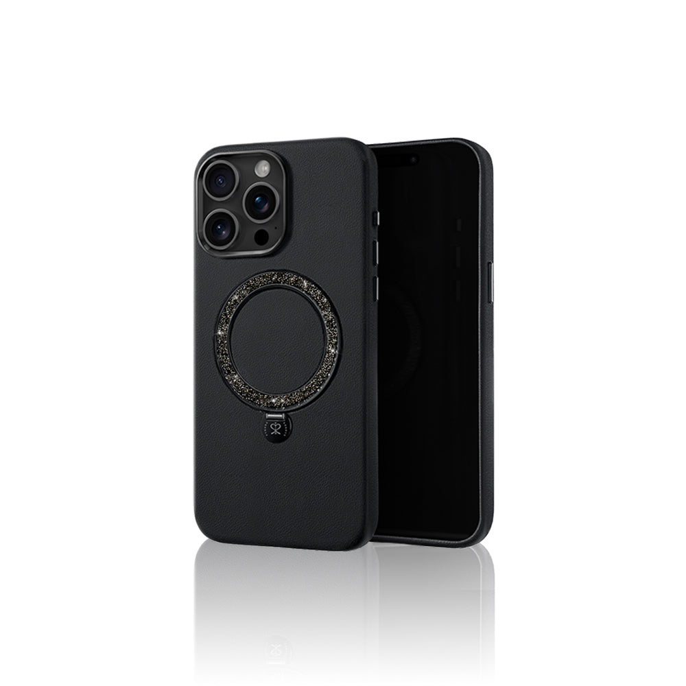 Apple iPhone 15 Pro Kılıf M-safe Şarj Özellikli Standlı Suni Deri Tasarımlı Pynana Dancing Circle Serisi Kapak Siyah