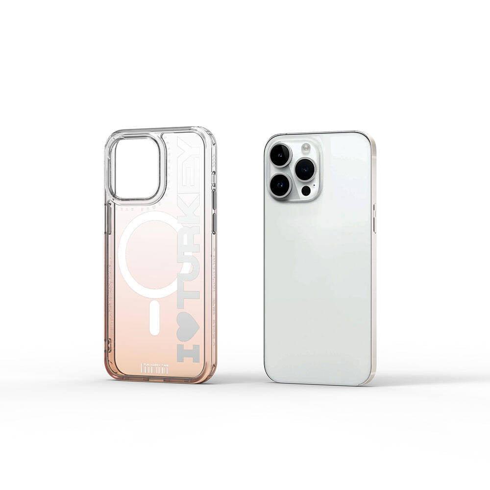 Apple iPhone 15 Pro Kılıf M-safe Şarj Özellikli Transparan Renk Geçişli Wiwu Turkey C Serisi Kapak Turuncu