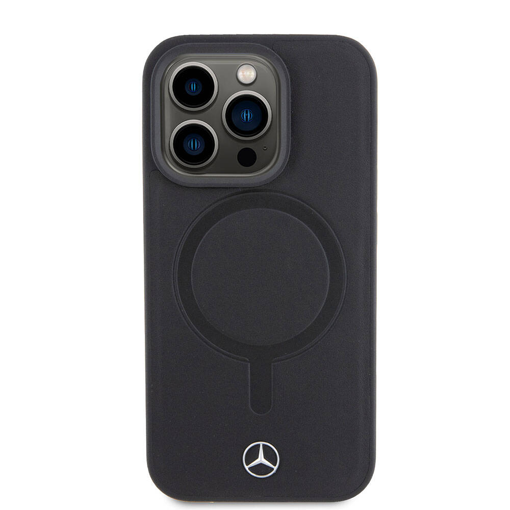 Apple iPhone 15 Pro Kılıf Mercedes Benz M-safe Şarj Özellikli Yumuşak Deri Orjinal Lisanslı Kapak Siyah