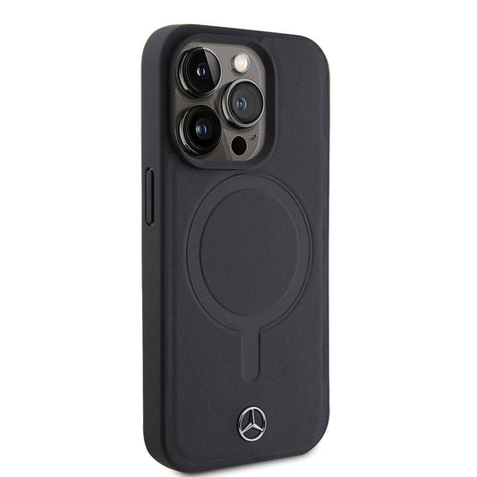 Apple iPhone 15 Pro Kılıf Mercedes Benz M-safe Şarj Özellikli Yumuşak Deri Orjinal Lisanslı Kapak Siyah