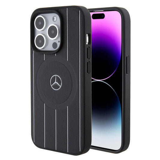 Apple iPhone 15 Pro Kılıf Mercedes Benz Orjinal Lisanslı M-safe Şarj Özellikli Baskı Logolu Paralel Çizgi Desenli Deri Kapak Siyah
