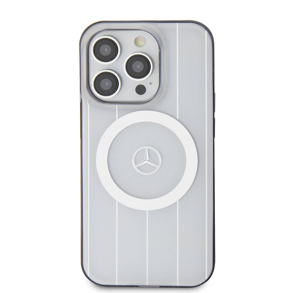 Apple iPhone 15 Pro Kılıf Mercedes Benz Orjinal Lisanslı M-safe Şarj Özellikli Çift Katmanlı Paralel Çizgi Desenli Kapak Beyaz
