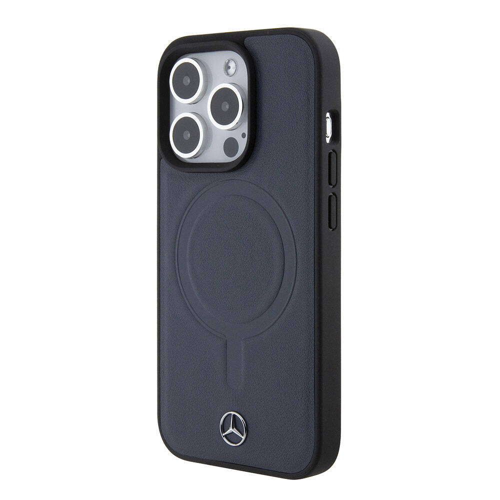 Apple iPhone 15 Pro Kılıf Mercedes Benz Orjinal Lisanslı M-safe Şarj Özellikli Metal Yıldız Logolu Pürüzsüz Deri Kapak Lacivert