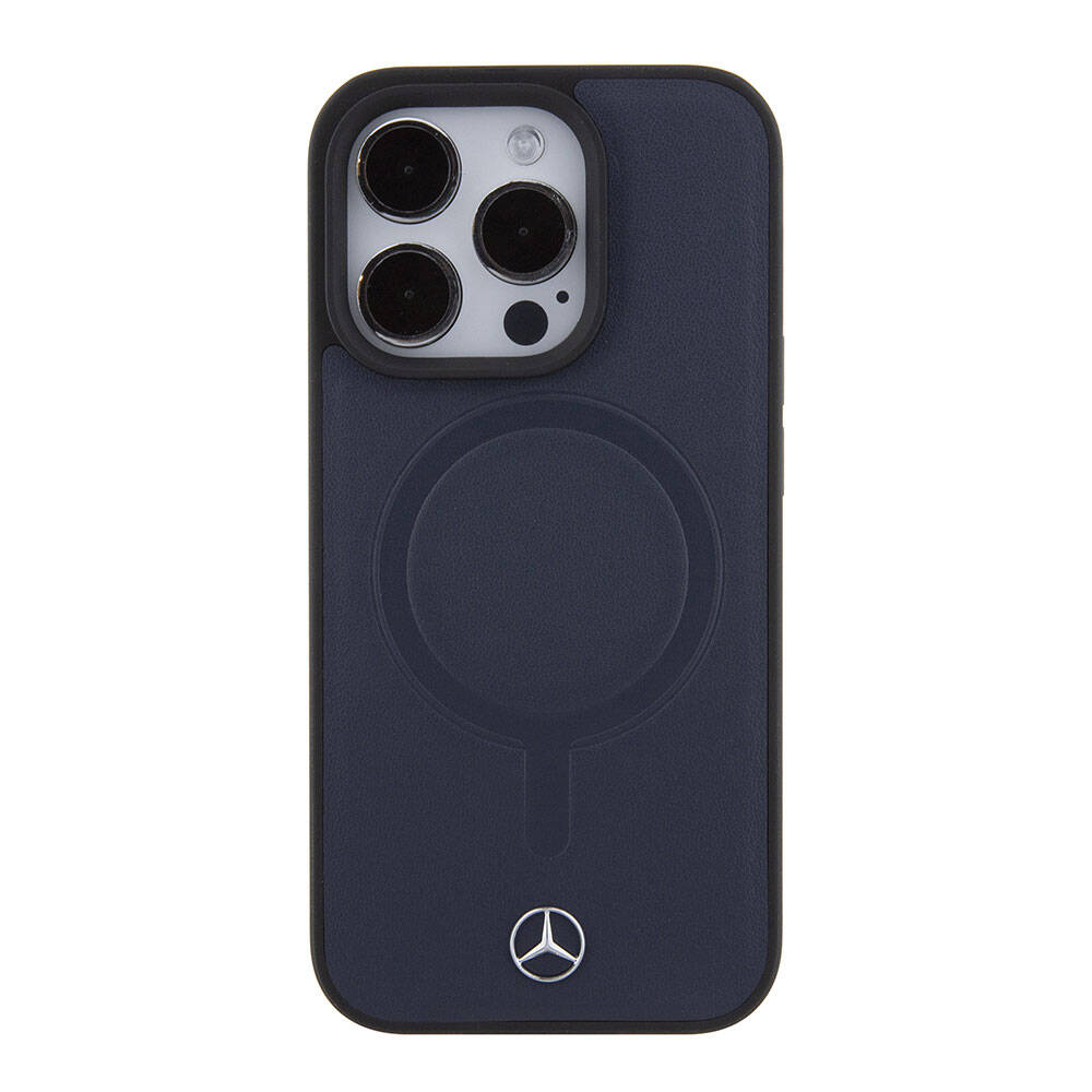 Apple iPhone 15 Pro Kılıf Mercedes Benz Orjinal Lisanslı M-safe Şarj Özellikli Metal Yıldız Logolu Pürüzsüz Deri Kapak Lacivert