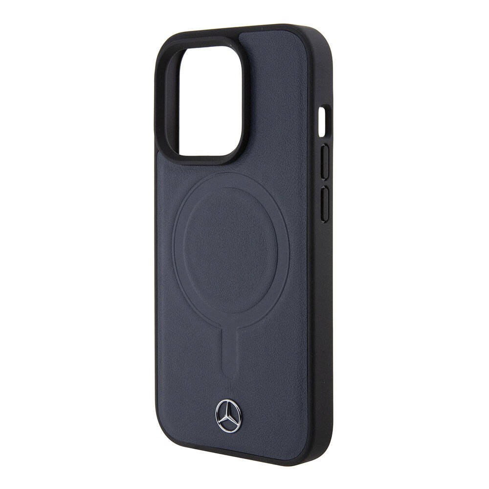Apple iPhone 15 Pro Kılıf Mercedes Benz Orjinal Lisanslı M-safe Şarj Özellikli Metal Yıldız Logolu Pürüzsüz Deri Kapak Lacivert