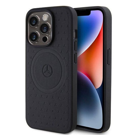 Apple iPhone 15 Pro Kılıf Mercedes Benz Orjinal Lisanslı M-safe Şarj Özellikli Mühürlü Yıldız Desenli ve Logolu Deri Kapak Siyah
