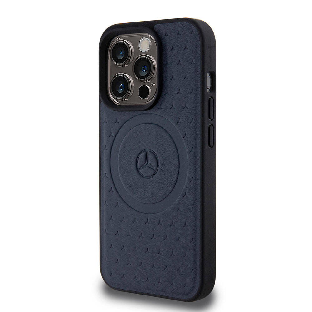 Apple iPhone 15 Pro Kılıf Mercedes Benz Orjinal Lisanslı M-safe Şarj Özellikli Mühürlü Yıldız Desenli ve Logolu Deri Kapak Siyah