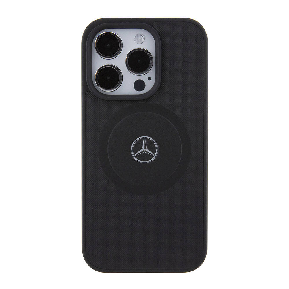 Apple iPhone 15 Pro Kılıf Mercedes Benz Orjinal Lisanslı M-safe Şarj Özellikli Pike Desenli Baskı Logolu Deri Kapak Siyah