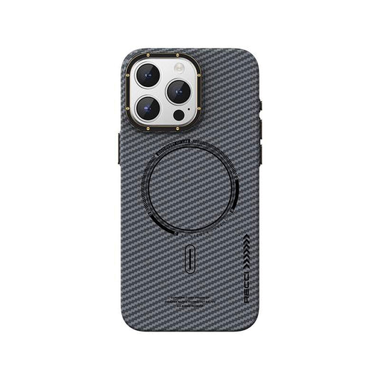 Apple iPhone 15 Pro Kılıf Recci Machinist Serisi M-safe Şarj Özellikli Magnetik Karbon Kapak Siyah