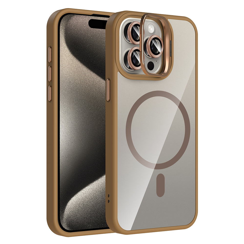 Apple iPhone 15 Pro Kılıf Standlı ve Kamera Lens Hediyeli M-Safe Şarj Özellikli Zore Etro Kapak