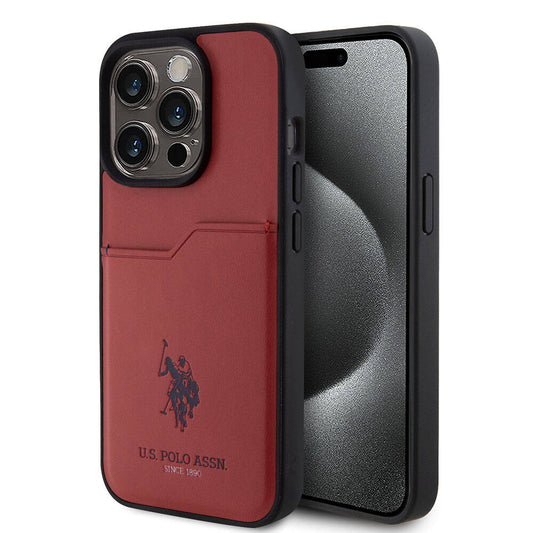 Apple iPhone 15 Pro Kılıf U.S. Polo Assn. Orjinal Lisanslı Baskı Logolu PU Kartlıklı Kapak Kırmızı