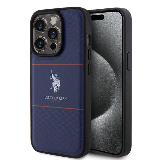 Apple iPhone 15 Pro Kılıf U.S. Polo Assn. Orjinal Lisanslı Deri Şeritli Logo Dizayn Kapak Lacivert