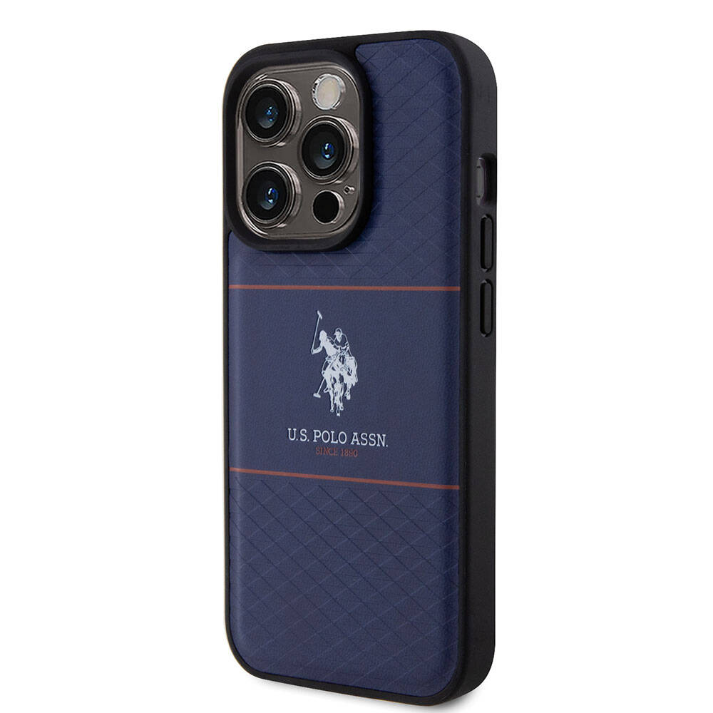 Apple iPhone 15 Pro Kılıf U.S. Polo Assn. Orjinal Lisanslı Deri Şeritli Logo Dizayn Kapak Lacivert