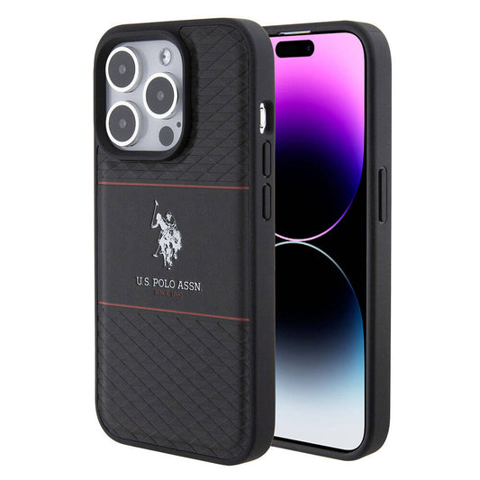 Apple iPhone 15 Pro Kılıf U.S. Polo Assn. Orjinal Lisanslı Deri Şeritli Logo Dizayn Kapak Siyah