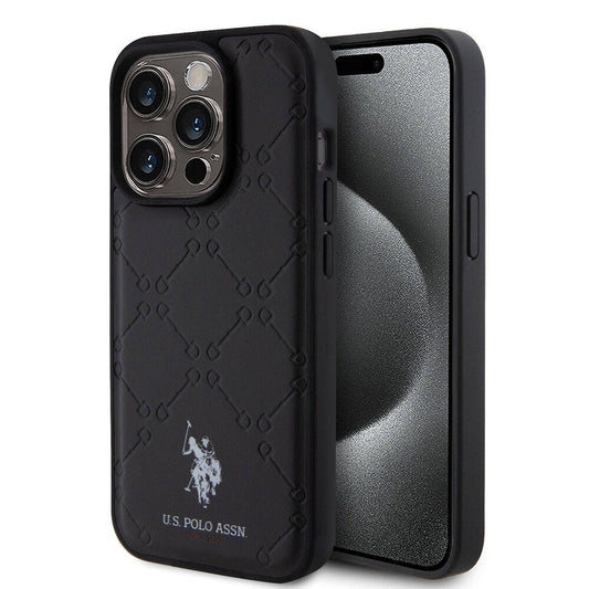 Apple iPhone 15 Pro Kılıf U.S. Polo Assn. Orjinal Lisanslı HS Desenli Baskı Logolu Suni Deri Kapak Siyah
