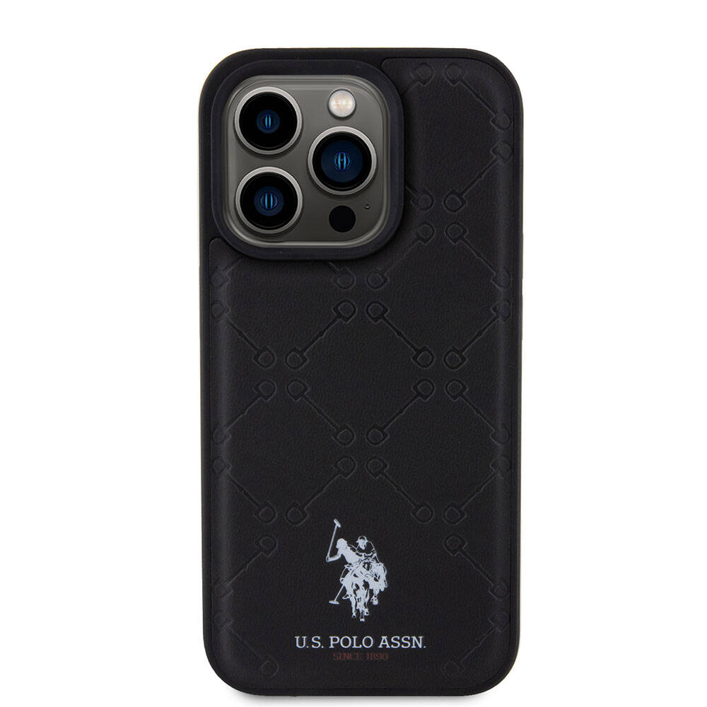 Apple iPhone 15 Pro Kılıf U.S. Polo Assn. Orjinal Lisanslı HS Desenli Baskı Logolu Suni Deri Kapak Siyah