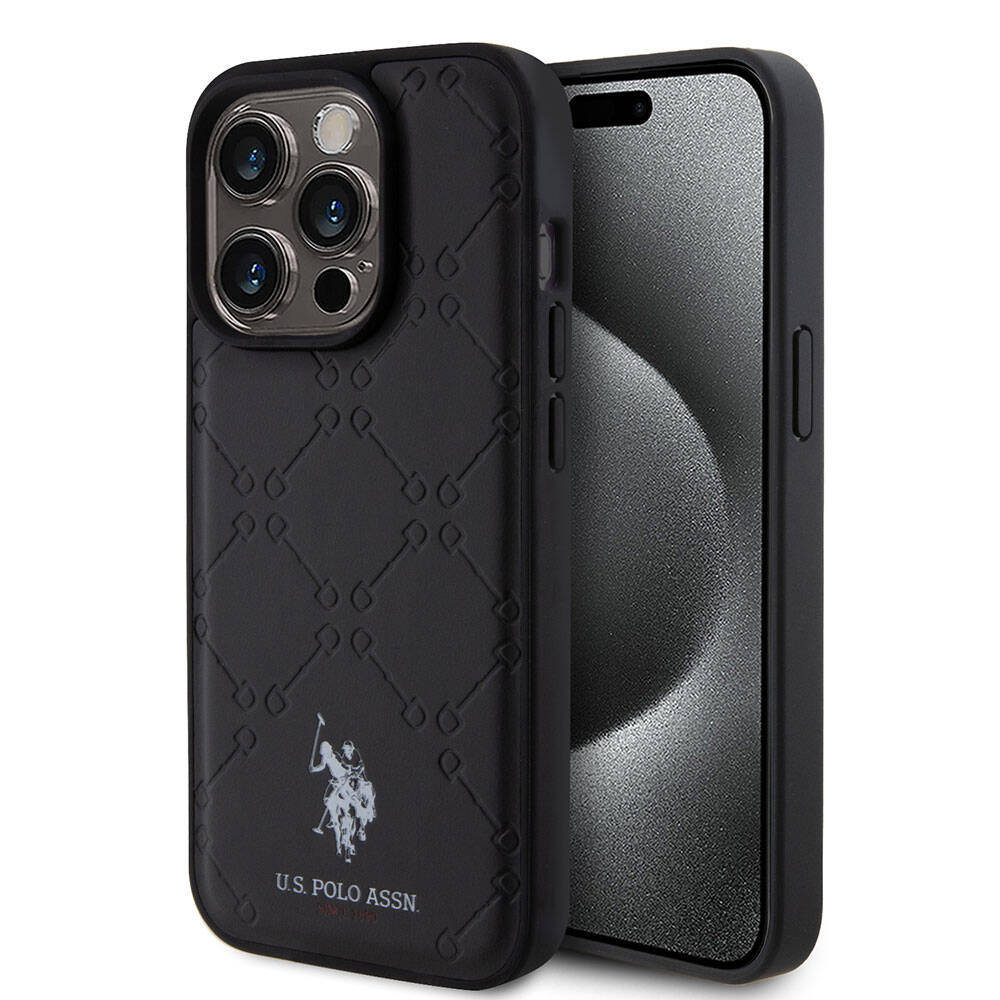 Apple iPhone 15 Pro Kılıf U.S. Polo Assn. Orjinal Lisanslı HS Desenli Baskı Logolu Suni Deri Kapak Siyah