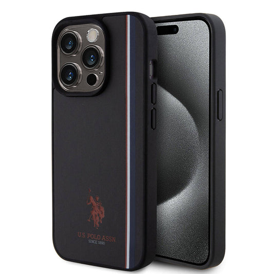 Apple iPhone 15 Pro Kılıf U.S. Polo Assn. Orjinal Lisanslı Üç Renk Şerit Tasarımlı Baskı Logolu Kapak Siyah
