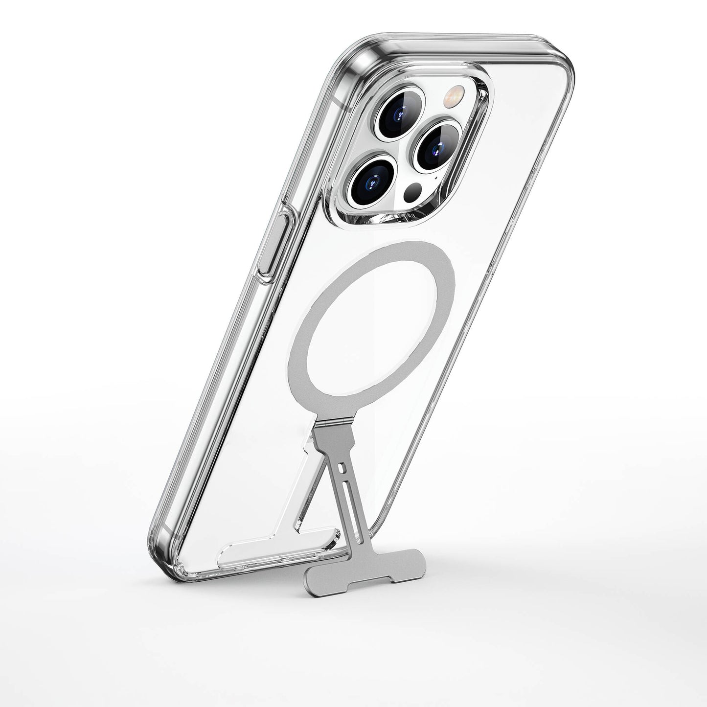 Apple iPhone 15 Pro Kılıf Wiwu FYY-014 M-safe Şarj Özellikli Alüminyum Alaşım Metal Standlı Şeffaf Kapak Renksiz