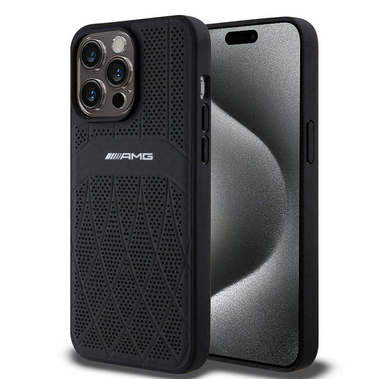 Apple iPhone 15 Pro Max Kılıf AMG Orjinal Lisanslı M-safe Şarj Özellikli Delikli Deri Kıvrımlı Çizgili Kapak Siyah