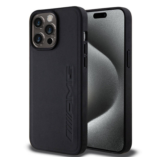 Apple iPhone 15 Pro Max Kılıf AMG Orjinal Lisanslı M-safe Şarj Özellikli Deri Sıcak Damgalı Kapak Siyah