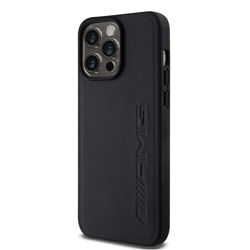 Apple iPhone 15 Pro Max Kılıf AMG Orjinal Lisanslı M-safe Şarj Özellikli Deri Sıcak Damgalı Kapak Siyah