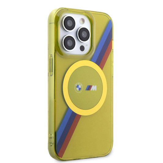 Apple iPhone 15 Pro Max Kılıf BMW M-safe Şarj Özellikli Transparan Tricolor Stripes Orjinal Lisanslı Kapak Sarı