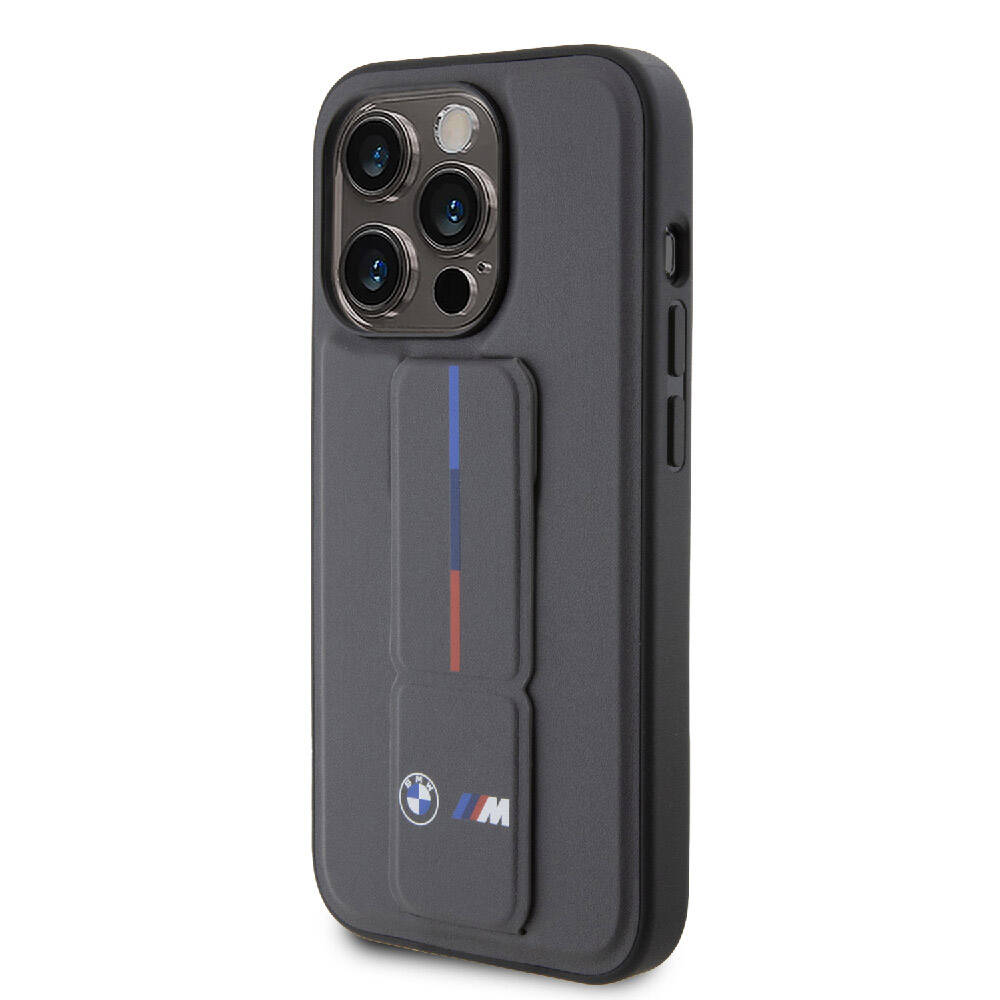 Apple iPhone 15 Pro Max Kılıf BMW Orjinal Lisanslı M Şerit ve Logolu Standlı Kapak Siyah