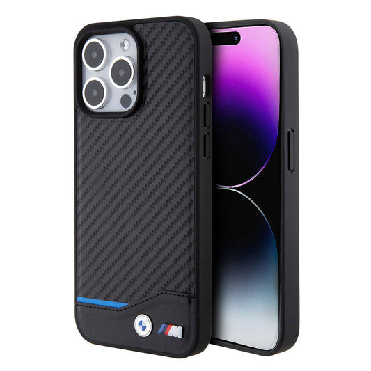 Apple iPhone 15 Pro Max Kılıf BMW Orjinal Lisanslı M-safe Şarj Özellikli M Logolu PU Karbon Kapak Siyah
